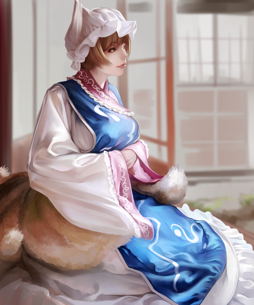 1girl absurdres animal_ears animal_hat blue_tabard breasts brown_eyes brown_hair closed_mouth dress eyelashes fox_ears fox_tail hands_in_opposite_sleeves hat highres large_breasts mob_cap multiple_tails short_hair sitting tabard tail touhou white_dress white_headwear wide_sleeves yakumo_ran yuuten