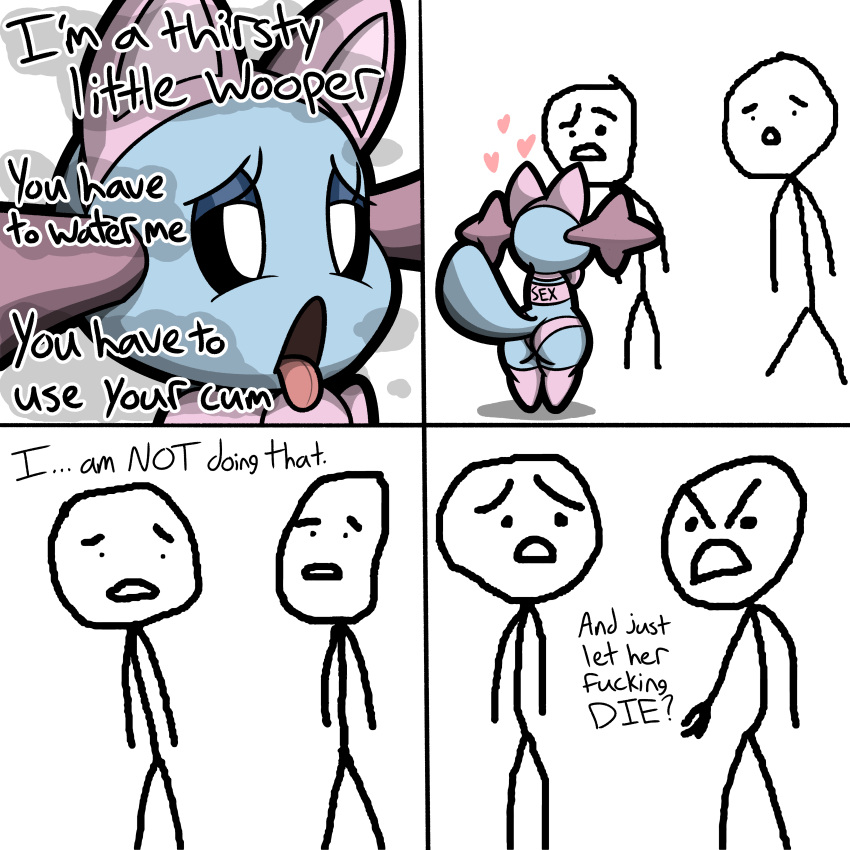 &lt;3 2023 absurd_res ambiguous_gender amphibian anthro blue_body blue_eyelids blue_skin bow_tie breath butt clothing comic dialogue english_text external_gills eyelashes fake_cat_ears fake_ears female footwear generation_2_pokemon gills group hi_res i'm_a_thirsty_little_flower legwear meme mole_salamander nintendo open_mouth panties pink_clothing pink_footwear pink_panties pink_socks pink_underwear pokemon pokemon_(species) pupils salamander sneavile socks standing stick_figure text text_on_clothing thigh_highs third-party_edit tight_clothing tongue tongue_out topwear trio tube_top underwear unknown_artist white_pupils wooper