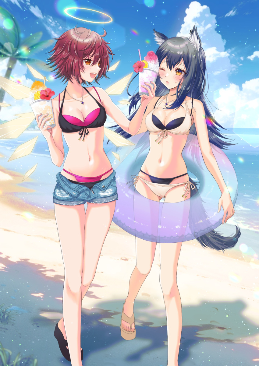 2girls animal_ear_fluff animal_ears arknights bare_shoulders beach bikini black_bikini black_footwear black_hair blue_sky blush breasts brown_footwear brown_wings chiwa_(chiwawanwan1206) cleavage cloud commentary_request cup day detached_wings disposable_cup drinking_straw exusiai_(arknights) flower food hair_between_eyes hibiscus highres holding holding_cup horizon innertube layered_bikini long_hair medium_breasts multiple_girls nail_polish navel ocean one_eye_closed orange_eyes outdoors palm_tree parted_lips pink_bikini pink_nails red_eyes red_flower red_hair sand sandals shaved_ice side-tie_bikini_bottom sky swimsuit tail texas_(arknights) toenail_polish toenails tree very_long_hair water white_bikini wings