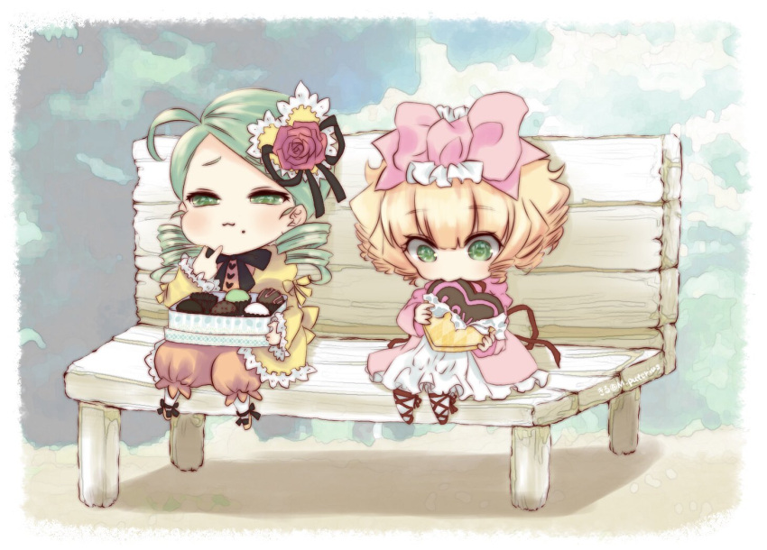 2girls :3 bench blonde_hair bow box box_of_chocolates candy chibi chocolate chocolate_on_face dress drill_hair eating flower food food_on_face frilled_dress frills full_body green_eyes green_hair hair_bow hair_flower hair_ornament heart heart-shaped_chocolate hinaichigo kanaria kiru_(m_putorius) medium_hair multiple_girls pink_bow pink_dress rose rozen_maiden short_hair sitting smile twin_drills yellow_dress