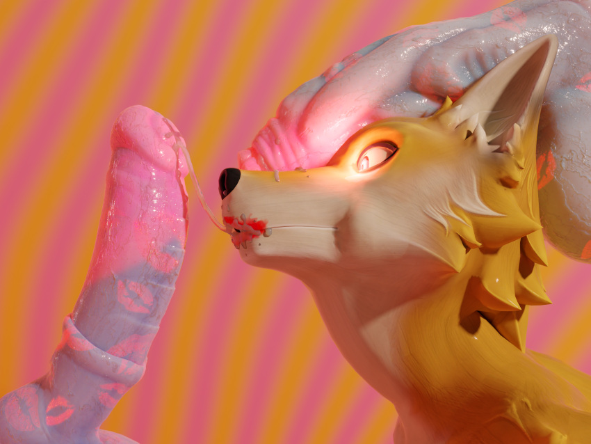 absurd_res anthro balls blender_(software) blender_cycles bodily_fluids canid canine canis cum cum_in_mouth cum_inside cum_on_snout cum_string female fur genital_fluids genitals glowing glowing_eyes grey_penis group hi_res kiss_mark lips lipstick lipstick_fetish lipstick_on_balls lipstick_on_penis lipstick_smear makeup male male/female mammal occamsrazorart offscreen_male pattern_background penis penis_on_head red_eyes red_lips red_lipstick simple_background staring_at_penis striped_background trio wolf yellow_body yellow_fur