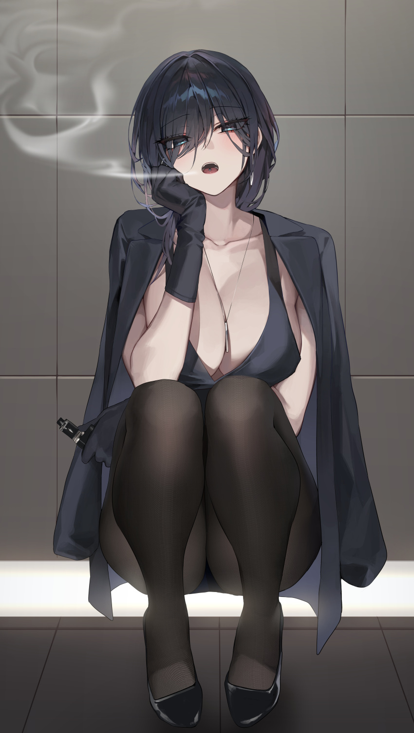 1girl absurdres bara_(03_bara_) between_breasts black_coat black_footwear black_hair black_pantyhose blue_eyes breasts coat collarbone full_body high_heels highres jewelry large_breasts looking_at_viewer necklace open_clothes open_coat open_mouth original pantyhose piercing solo squatting tongue_piercing tsurime yokoyama_ishimi