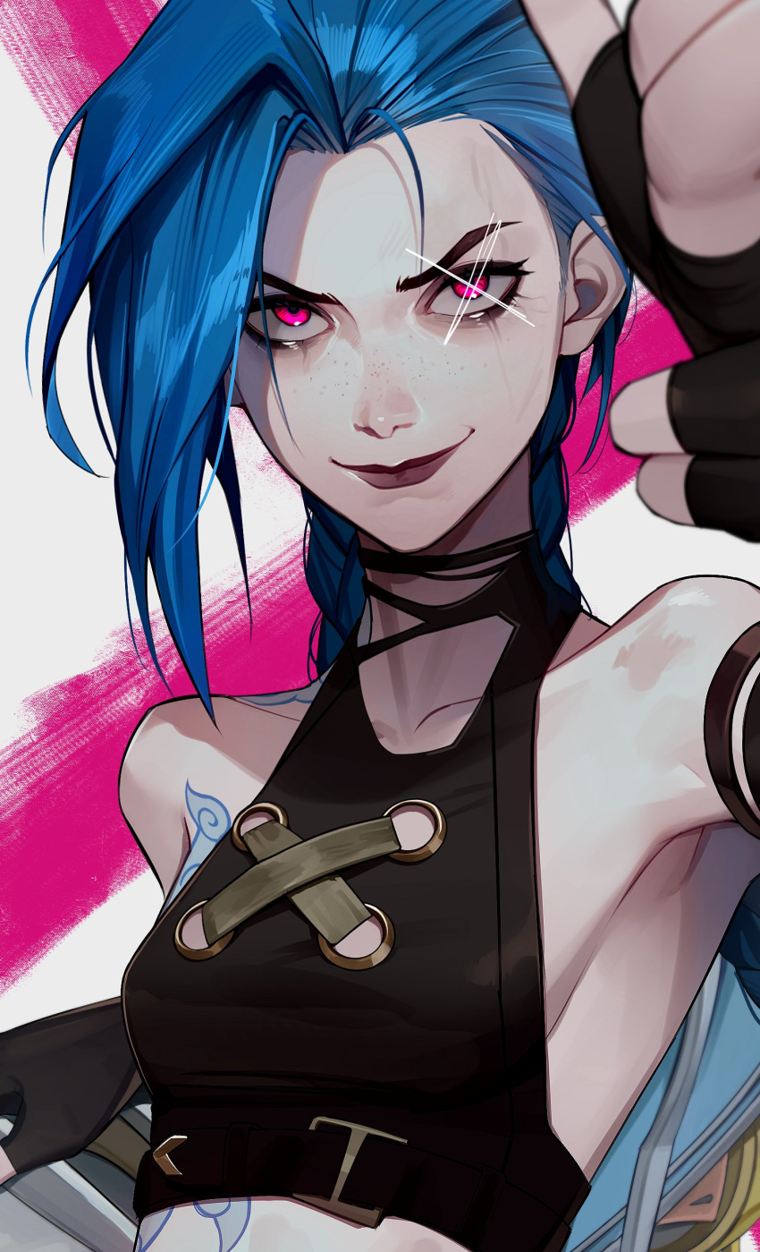 1girl absurdres arcane:_league_of_legends arcane_jinx bare_shoulders blue_hair braid breasts closed_mouth crop_top fingerless_gloves gloves hand_up highres jinx_(league_of_legends) lavelis league_of_legends long_hair looking_at_viewer medium_breasts pink_background pink_eyes shiny_skin smile solo tattoo twin_braids upper_body white_background