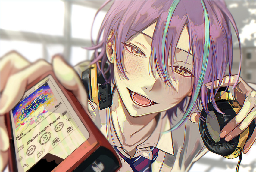 1boy blue_hair blurry blurry_background blush cardigan collared_shirt diagonal-striped_necktie earrings fingernails goi_x01 grey_cardigan hair_between_eyes headphones highres holding jewelry kamishiro_rui kamiyama_high_school_uniform_(project_sekai) looking_at_viewer lower_teeth_only male_focus multicolored_hair open_mouth pause_button project_sekai purple_hair school_uniform shirt solo streaked_hair teeth tondemo_wonders_(vocaloid) yellow_eyes