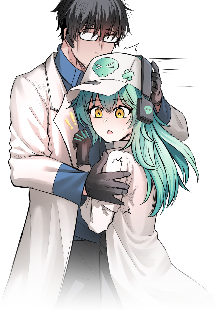 ! !! 1boy 1girl antonina_(neural_cloud) aqua_hair baseball_cap black_gloves black_hair blue_shirt collared_shirt commentary cowboy_shot earpiece english_commentary girls'_frontline girls'_frontline_neural_cloud glasses gloves grabbing_another's_arm hand_on_another's_head hat headphones hetero highres lab_coat long_hair male_professor_(neural_cloud) open_mouth professor_(neural_cloud) pulling senpaihawkkun shirt short_hair simple_background size_difference skull_print surprised sweatdrop white_background white_headwear yellow_eyes