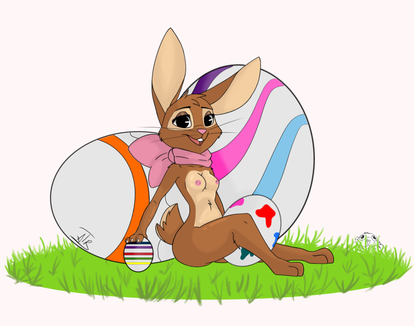 alpha_channel anthro archerteamr_artist breasts brown_body brown_fur cadbury cadbury_bunny candy dessert digital_media_(artwork) easter female food fur hi_res holidays lagomorph leporid looking_at_viewer mammal mascot nipples nude open_mouth plant rabbit ribbons simple_background smile solo