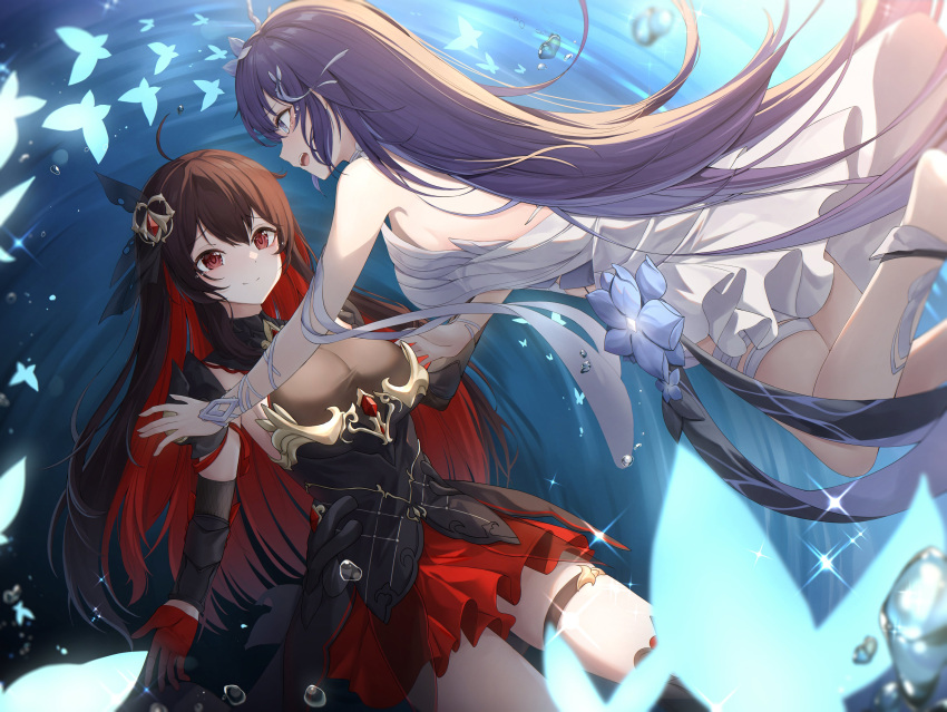 2girls absurdres ahoge animal barefoot black_dress black_hair black_headwear blue_flower breasts bug butterfly dress flower gloves gr_greeze highres honkai_(series) honkai_impact_3rd imminent_hug large_breasts long_hair looking_at_another multiple_girls ocean open_hand open_mouth red_eyes red_gloves red_hair second-party_source seele_vollerei seele_vollerei_(herrscher_of_rebirth) seele_vollerei_(starchasm_nyx) smile teeth thigh_strap very_long_hair water white_dress
