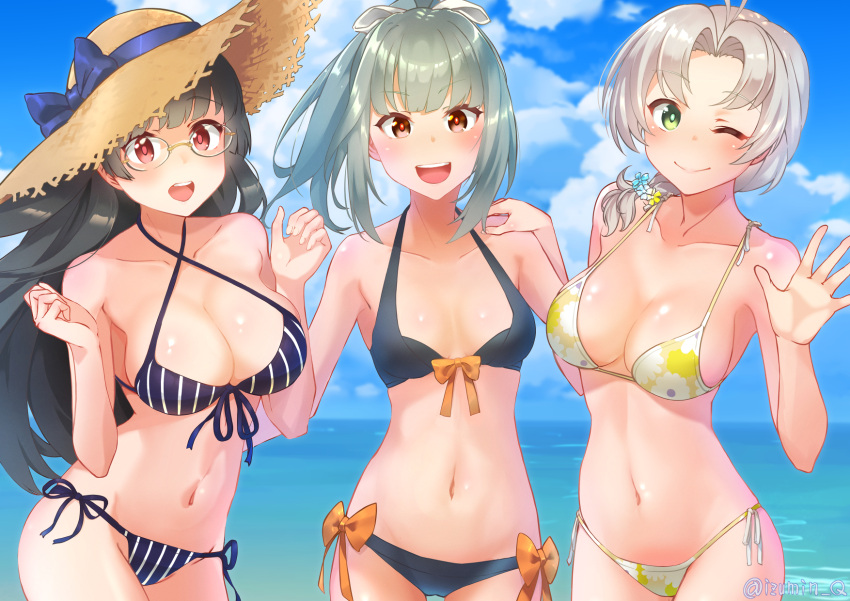 3girls bikini black_bikini black_hair blue_sky breasts brown_eyes choukai_(kancolle) cloud collarbone day floral_print front-tie_bikini_top front-tie_top green_eyes green_hair grey_hair hair_ribbon hand_on_another's_shoulder hat highres izumikuma kantai_collection kinugasa_(kancolle) large_breasts long_hair looking_at_viewer multiple_girls navel ocean official_alternate_costume one_eye_closed open_mouth outdoors print_bikini red_eyes ribbon round_teeth side-tie_bikini_bottom sky small_breasts smile straw_hat striped striped_bikini sun_hat swimsuit teeth upper_teeth_only vertical-striped_bikini vertical_stripes very_long_hair white_ribbon yuubari_(kancolle) yuubari_kai_ni_(kancolle)