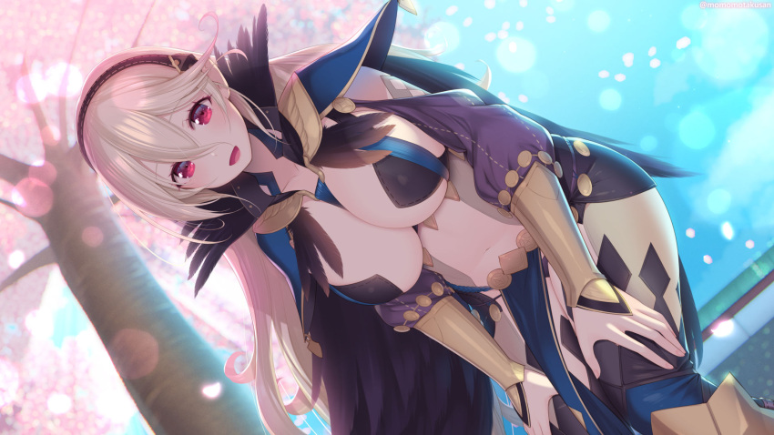 1girl :d alternate_costume black_cape black_panties blush breasts cape cherry_blossoms cleavage collarbone corrin_(female)_(fire_emblem) corrin_(fire_emblem) covered_nipples dark_mage_(fire_emblem_fates) fire_emblem fire_emblem_fates grey_hair hair_between_eyes hairband highres kashiwamochi_yomogi large_breasts leaning_forward long_hair long_sleeves looking_at_viewer looking_down midriff navel open_mouth panties pointy_ears red_eyes revealing_clothes see-through smile solo thighhighs tree twitter_username underwear