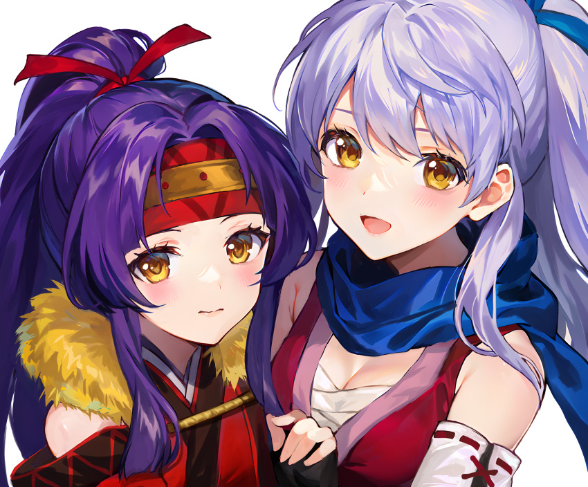 2girls absurdres bare_shoulders blue_scarf blush breasts chest_sarashi cleavage commentary curtained_hair dot_nose eyelashes fire_emblem fire_emblem:_radiant_dawn fire_emblem_heroes fur_trim headband highres jurge long_hair micaiah_(fire_emblem) micaiah_(ninja)_(fire_emblem) multiple_girls ninja official_alternate_costume official_alternate_hairstyle open_mouth ponytail purple_hair red_headband sanaki_kirsch_altina sanaki_kirsch_altina_(ninja) sarashi scarf white_hair yellow_eyes