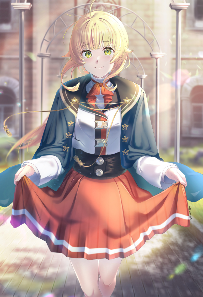 1girl absurdres ahoge blonde_hair blue_cape blush bow bowtie cape closed_mouth clothes_lift green_eyes highres medium_hair mushoku_tensei norn_greyrat outdoors red_bow red_bowtie red_skirt shirt skirt skirt_lift solo white_shirt yujin_(kanouyuuto-0423)