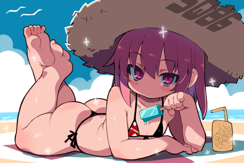 1girl ass barefoot beach beach_towel bikini bird blush can closed_mouth cloud day drinking_straw flat_chest food haru_(muteki_sensei) hat highres looking_at_viewer lying muteki_sensei on_stomach outdoors popsicle purple_eyes purple_hair side-tie_bikini_bottom sky solo sparkle straw_hat swimsuit the_pose towel zankuro