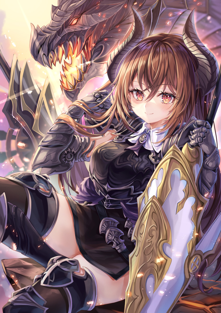 1girl 1other akami770 armor belt black_armor blush breastplate breasts brown_hair closed_mouth dragon dragon_horns draph fangs foot_out_of_frame forte_(shingeki_no_bahamut) gauntlets greaves hair_between_eyes highres holding holding_sword holding_weapon horns lance large_breasts long_hair miniskirt molten_rock polearm red_eyes scabbard shadowverse sheath shield shingeki_no_bahamut shirt shoulder_armor side_slit sitting skirt smile solo_focus sword thick_thighs thighhighs thighs very_long_hair weapon white_shirt wing_collar