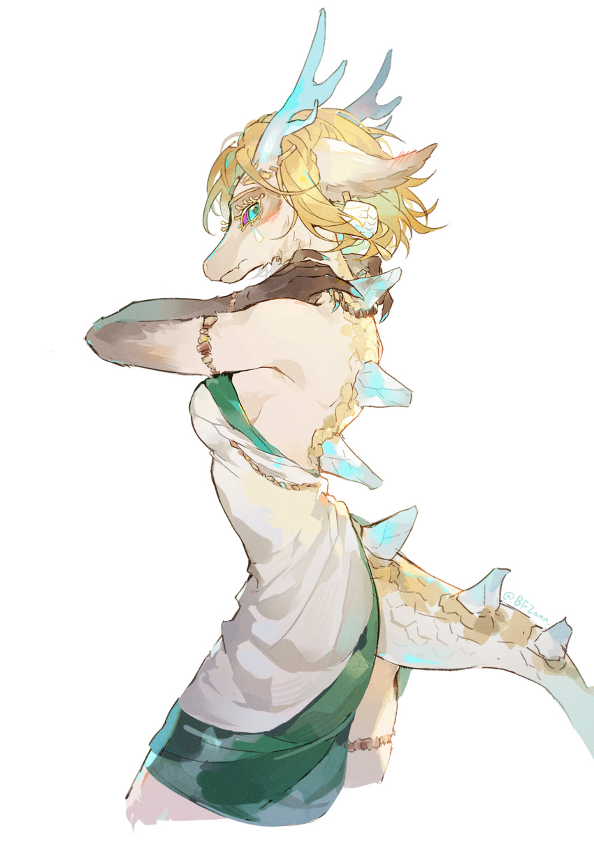 1girl antlers armlet bare_shoulders blonde_hair blue_eyes blue_nails body_fur bracelet breasts circlet colored_eyelashes colored_sclera dragon_girl dragon_tail dress earrings from_side furrification furry furry_female highres jewelry kishi_(2861056838) light_dragon_(zelda) looking_at_viewer medium_breasts princess_zelda purple_sclera short_hair simple_background single_tear solo strapless strapless_dress tail the_legend_of_zelda the_legend_of_zelda:_tears_of_the_kingdom white_background white_dress