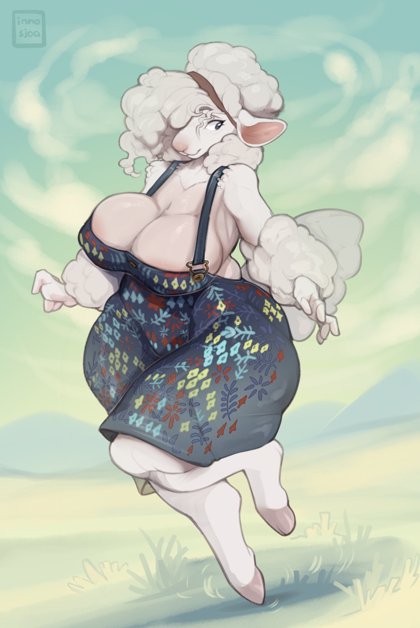 absurd_res anthro areola areola_slip big_breasts bovid breasts caprine clothed clothing domestic_sheep dress female fully_clothed fur hair hi_res hooves inno-sjoa mammal sheep solo white_body white_fur white_hair wool_(fur) wrist_fluff