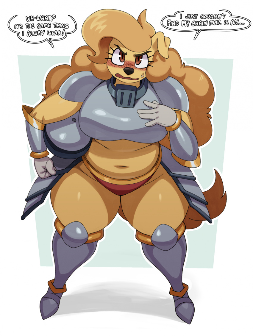 2023 5_fingers amelia_steelheart angry anthro armor blush canid canine canis clothing dialogue domestic_dog english_text eyelashes female fingers hair hi_res long_hair mammal panties red_clothing red_panties red_underwear solo speech_bubble sssonic2 tail text thick_thighs underwear