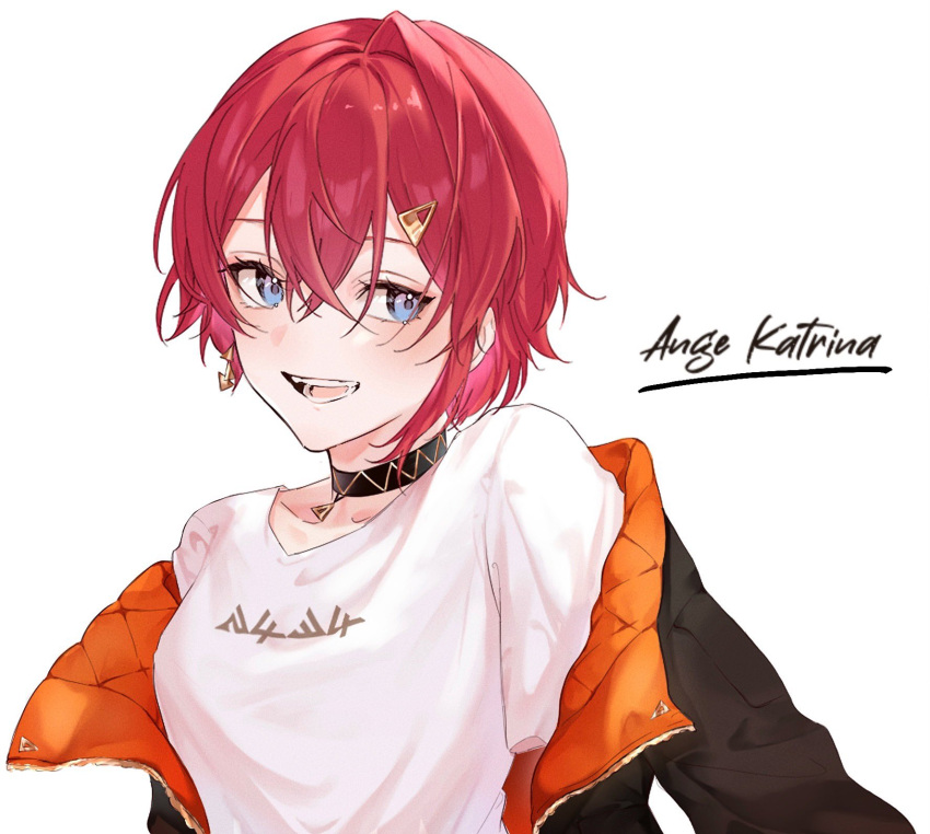 1girl ange_katrina ange_katrina_(6th_costume) black_choker black_jacket blue_eyes character_name choker highres ichimi_shelter jacket nijisanji official_alternate_costume open_clothes open_jacket open_mouth red_hair shirt short_hair simple_background smile solo t-shirt virtual_youtuber white_background white_shirt