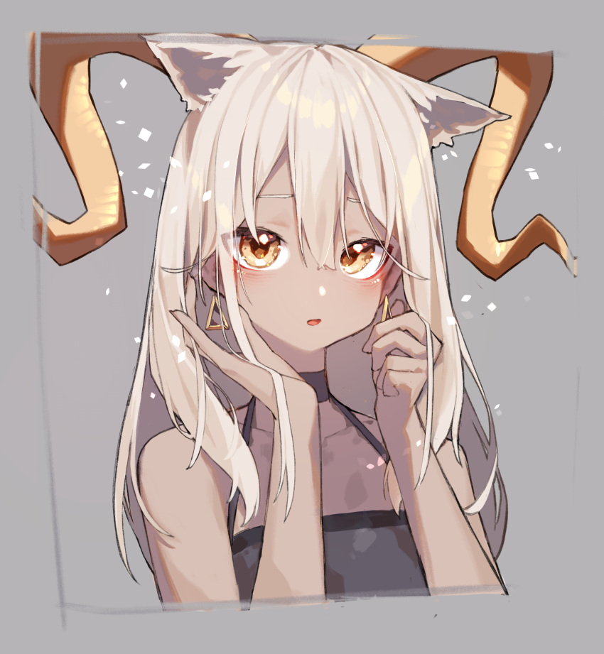 1girl absurdres animal_ears arknights bare_shoulders beeswax_(arknights) beudelb black_shirt blush dark-skinned_female dark_skin earrings extra_ears goat_ears goat_girl goat_horns grey_hair hands_up highres horns jewelry long_hair parted_lips shirt sleeveless sleeveless_shirt solo triangle_earrings upper_body yellow_eyes