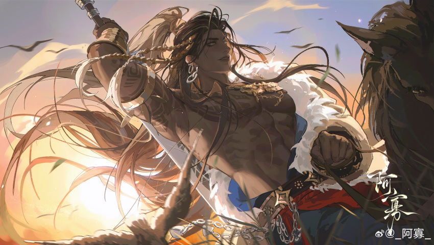 1boy abs absurdres armlet bara code:_kite dark-skinned_male dark_skin eyelashes feet_out_of_frame from_below gold_necklace highres horseback_riding jewelry large_pectorals looking_ahead male_focus mature_male muscular muscular_male necklace nipples pectorals platinalsh riding short_hair solo sunrise thick_eyebrows