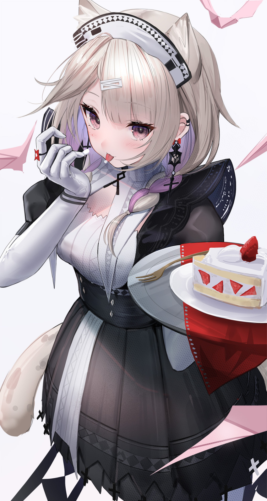 1girl :3 :p animal_ears arknights black_dress blonde_hair braid cake cake_slice cat_ears cat_girl cat_tail closed_mouth colored_inner_hair commentary_request cowboy_shot cross cross_earrings dress ear_piercing earrings extra_ears food fork gloves hand_up highres holding holding_plate jewelry kazemaru_(arknights) kazemaru_(like_illusion)_(arknights) long_hair looking_at_viewer maid maid_headdress multicolored_hair official_alternate_costume piercing pink_eyes pink_hair plate puffy_short_sleeves puffy_sleeves short_sleeves simple_background solo sthk tail tongue tongue_out two-tone_dress white_background white_dress white_gloves