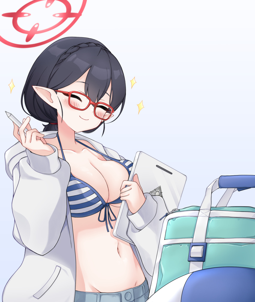 1girl ayane_(blue_archive) ayane_(swimsuit)_(blue_archive) bikini bikini_top_only black_hair blue_archive blue_bikini blush breasts cleavage clipboard closed_eyes closed_mouth commentary_request front-tie_bikini_top front-tie_top glasses green_bag halo halterneck hands_up happy highres holding holding_clipboard holding_pen jacket large_breasts long_hair long_sleeves navel official_alternate_costume open_clothes open_jacket partial_commentary pen pointy_ears red-framed_eyewear red_halo solo striped striped_bikini swimsuit uuronhai white_jacket