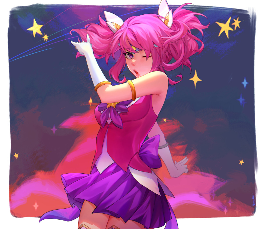 1girl ;o absurdres arm_up armlet bare_shoulders border bow bowtie breasts cowboy_shot from_side gloves highres large_breasts league_of_legends lux_(league_of_legends) miniskirt multicolored_background one_eye_closed pink_hair pleated_skirt purple_bow purple_bowtie purple_skirt shiny_skin shirt skirt solo star_(symbol) star_guardian_(league_of_legends) star_guardian_lux twintails vogel_(itsvogelart) white_border white_gloves white_shirt