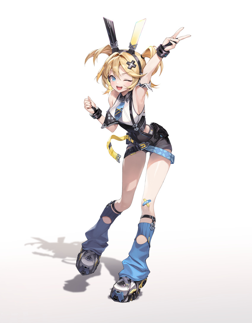1girl absurdres armpits blonde_hair blue_eyes breasts full_body highres leaning_forward lilithmy looking_at_viewer loose_socks medium_breasts navel one_eye_closed original sideboob simple_background smile socks solo techwear thighs v white_background