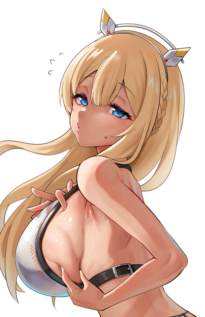 1girl ajidot bare_shoulders blonde_hair blue_eyes blush braid breasts crop_top deep_skin from_side goddess_of_victory:_nikke grabbing_own_breast hair_between_eyes headgear highres large_breasts long_hair looking_at_viewer sideboob sidelocks simple_background solo sweat sweatdrop tove_(nikke) upper_body white_background