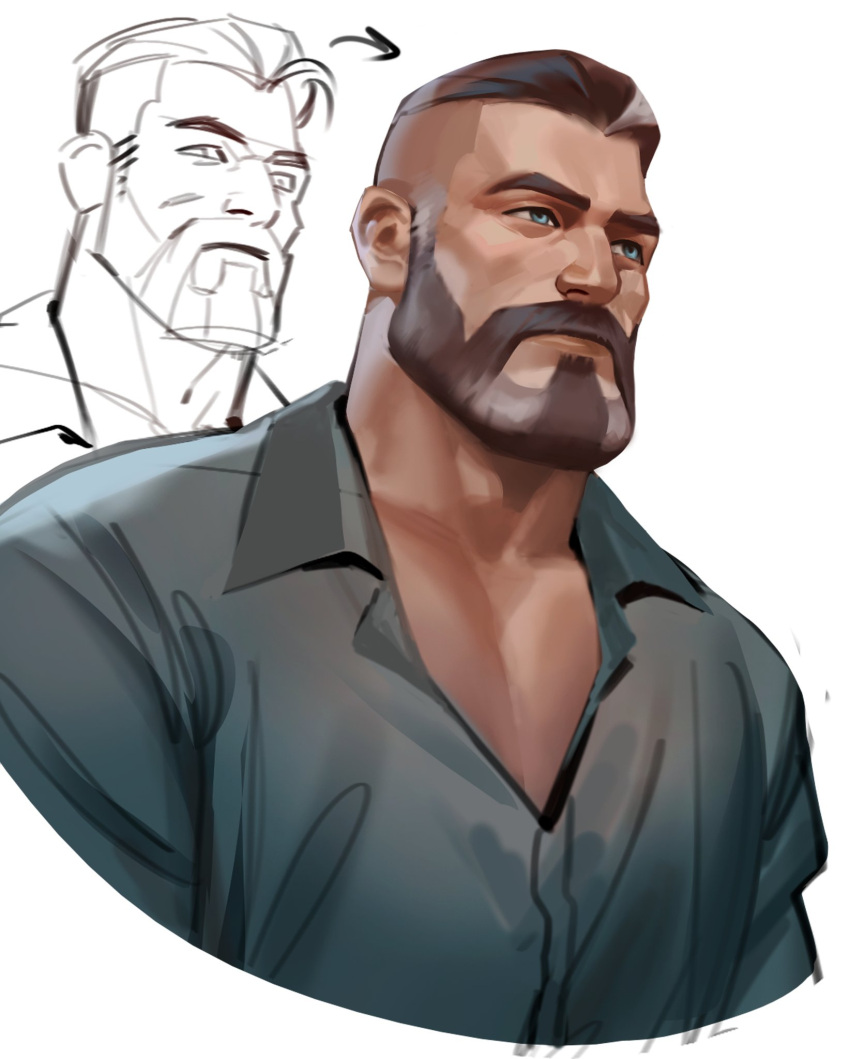 1boy alternate_costume bara beard before_and_after blue_eyes brimstone_(valorant) brown_hair collared_shirt cropped_torso facial_hair grey_hair highres looking_away male_focus mature_male muscular muscular_male old old_man pectoral_cleavage pectorals sasha_shkret shirt short_hair sketch solo thick_eyebrows two-tone_beard undercut valorant