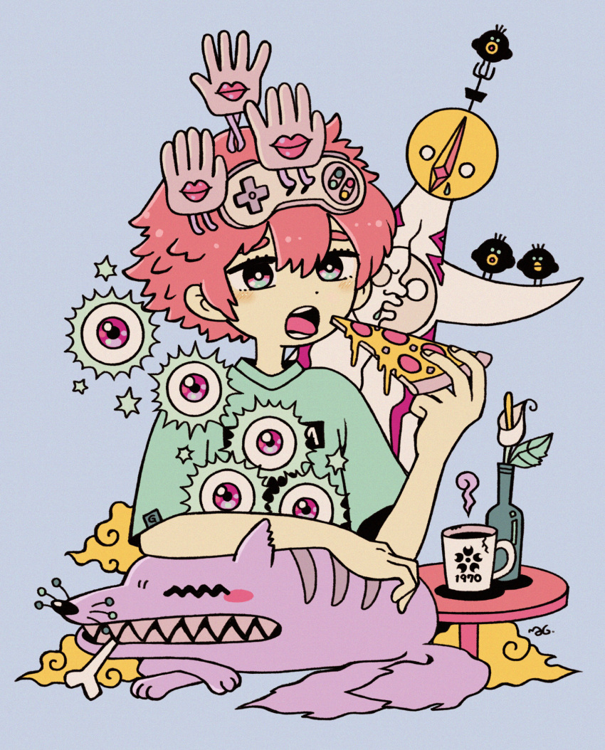 ambiguous_gender bone bottle cloud controller cup disembodied_eye dog eyeball flower food game_controller garouma grey_background hand_up highres holding holding_food holding_pizza leaf open_mouth original pizza pizza_slice print_shirt red_eyes red_hair shirt short_hair solo surreal table tower_of_the_sun white_flower