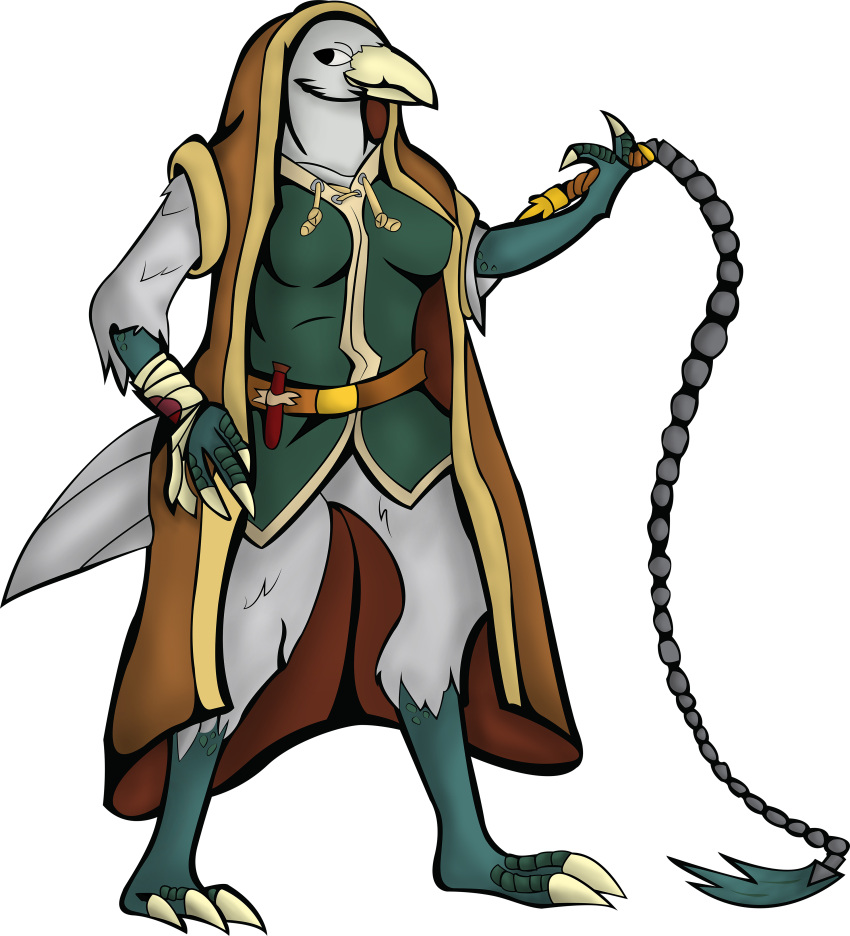 absurd_res anthro avian bandage bandaged_arm beak belt benjamin_garbutt bird blonde_highlights blood bodily_fluids bottomless bottomless_female breasts brown_cloak claws cloak clothed clothing corvid digitigrade dungeons_and_dragons feathers female flail gold_belt_buckle green_arms green_body green_clothing green_legs green_scales grey_body grey_feathers hasbro hi_res highlights_(coloring) hood hoodie kenku melee_weapon non-mammal_breasts oscine passerine scales scuted_feet scuted_hands scutes solo tail tail_feathers talons topwear tunic weapon whip wizards_of_the_coast yellow_beak