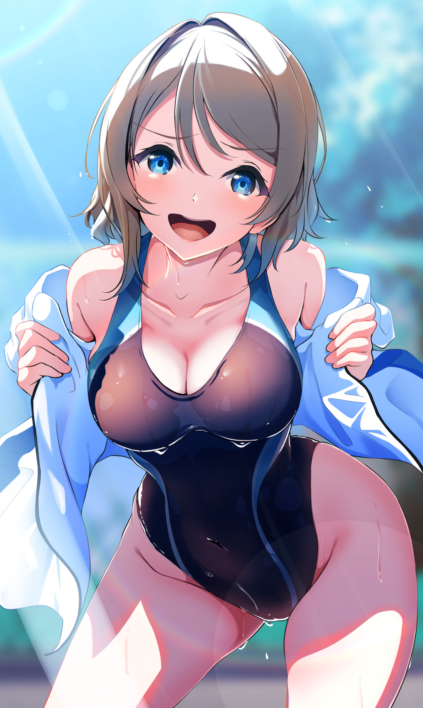 1girl absurdres amagi_(volfuji) blue_eyes blue_jacket blue_one-piece_swimsuit blush breasts cleavage collarbone contrapposto cowboy_shot day grey_hair highres jacket long_sleeves love_live! love_live!_sunshine!! medium_breasts one-piece_swimsuit open_mouth outdoors short_hair smile solo swimsuit swimsuit_under_clothes watanabe_you wet wet_clothes wet_swimsuit