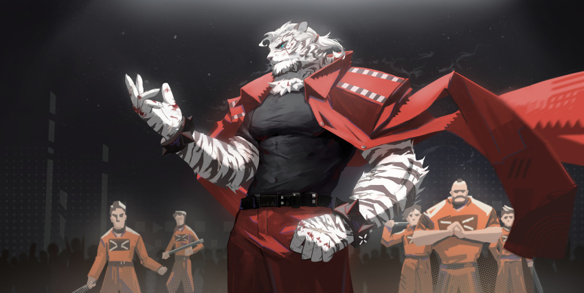 absurdres animal_ears arknights bara belt black_shirt bracelet bruise chinese_commentary clenched_hand commentary_request cracking_knuckles fang from_side furry furry_male highres holding holding_weapon injury jacket jangsunyo jewelry looking_to_the_side male_focus mountain_(arknights) multiple_boys multiple_scars orange_jacket orange_pants pants ponytail prison_clothes scar scar_across_eye scar_on_arm scar_on_face shirt spiked_bracelet spikes tiger_boy tiger_ears tiger_stripes weapon