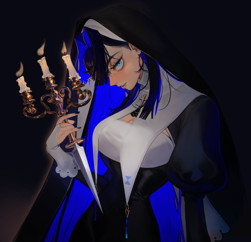 1girl alternate_costume black_hair blue_eyes blue_hair candle candlestand colored_inner_hair cross eus_ing fangs habit hair_intakes highres holding holding_candle holding_knife hololive hololive_english knife long_hair looking_at_viewer multicolored_hair nail_polish nun ouro_kronii solo virtual_youtuber