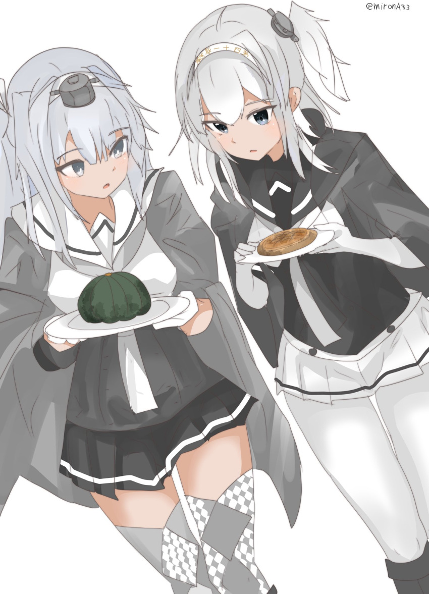 black_headband black_sailor_collar black_skirt bodysuit corset fuyutsuki_(kancolle) gloves grey_eyes grey_hair grey_jacket grey_shawl grey_thighhighs headband headgear highres jacket jacket_on_shoulders kantai_collection long_hair microskirt miron_(mirona33) neckerchief one_side_up pumpkin sailor_collar school_uniform serafuku shawl side_ponytail skirt suzutsuki_(kancolle) thighhighs white_bodysuit white_gloves white_hair white_neckerchief white_sailor_collar white_skirt