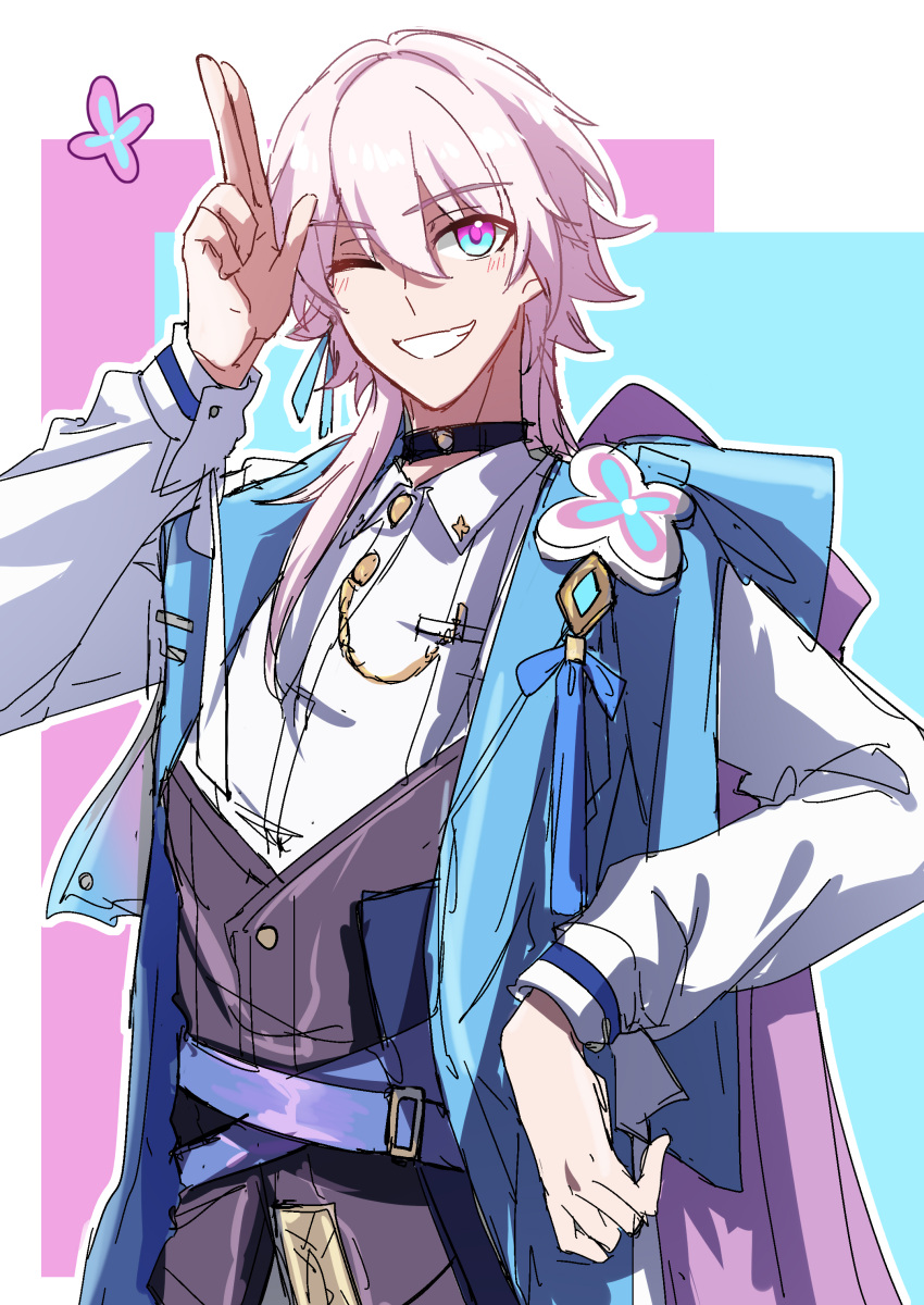 1boy absurdres black_choker blue_eyes blush choker collared_shirt genderswap genderswap_(ftm) grey_corset hanyaohui highres honkai:_star_rail honkai_(series) looking_at_viewer male_focus march_7th_(honkai:_star_rail) medium_hair multicolored_hair one_eye_closed pink_hair purple_eyes salute shirt smile solo teeth two-finger_salute white_shirt