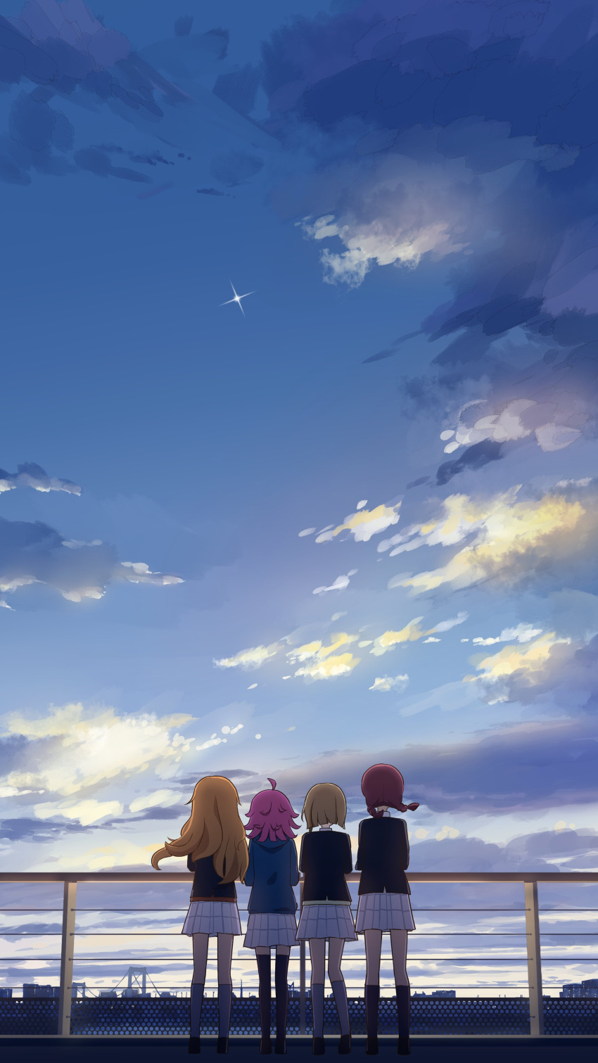 4girls absurdres ahoge black_jacket black_socks black_thighhighs blue_jacket bob_cut braid brown_hair cloud cloudy_sky emma_verde from_behind full_body grey_hair grey_socks highres hood hooded_jacket jacket kneehighs konoe_kanata long_hair love_live! love_live!_nijigasaki_high_school_idol_club maju_magical medium_hair multiple_girls nakasu_kasumi nijigasaki_academy_school_uniform pink_hair plaid plaid_skirt pleated_skirt qu4rtz_(love_live!) railing scenery school_uniform short_hair skirt sky socks tennouji_rina thighhighs twin_braids white_skirt winter_uniform