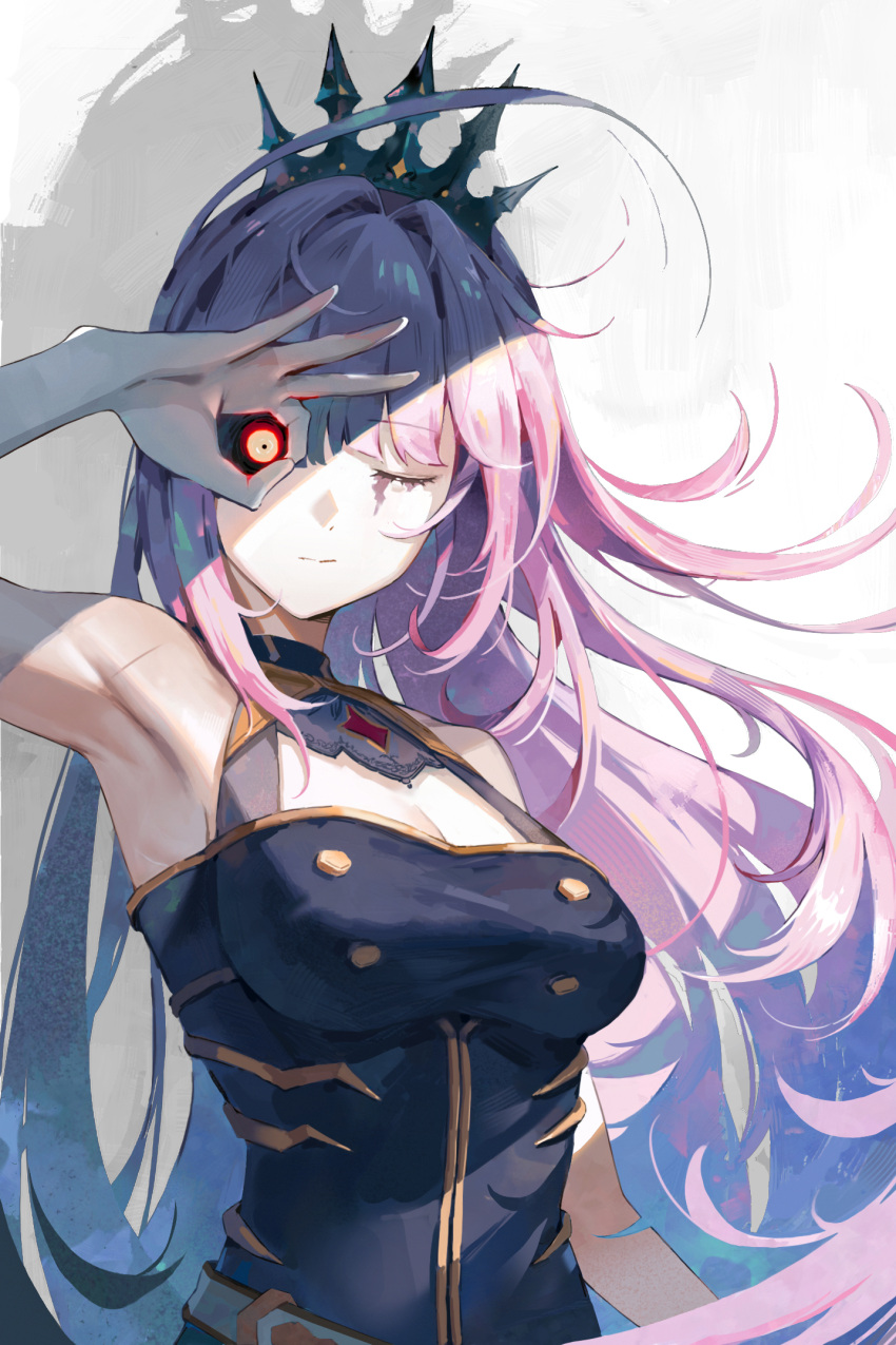 1girl arm_up armpits bare_shoulders black_dress blunt_bangs breasts closed_mouth crown dress floating_hair glowing glowing_eye hand_over_eye highres hololive hololive_english ikkia large_breasts long_hair looking_at_viewer mori_calliope ok_sign ok_sign_over_eye one_eye_closed orange_eyes pink_hair red_eyes shadow sleeveless solo upper_body very_long_hair virtual_youtuber