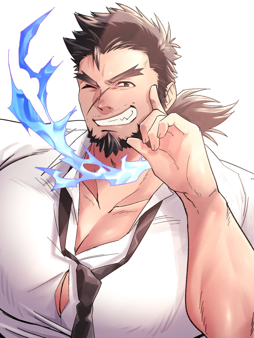 1boy bara beard black_hair blue_fire collared_shirt facial_hair fire highres large_pectorals male_focus muscular muscular_male necktie one_eye_closed pectorals sandayu_(housamo) satou_shouhei scar scar_on_face scar_on_nose shirt short_hair smile solo teeth tokyo_afterschool_summoners white_shirt