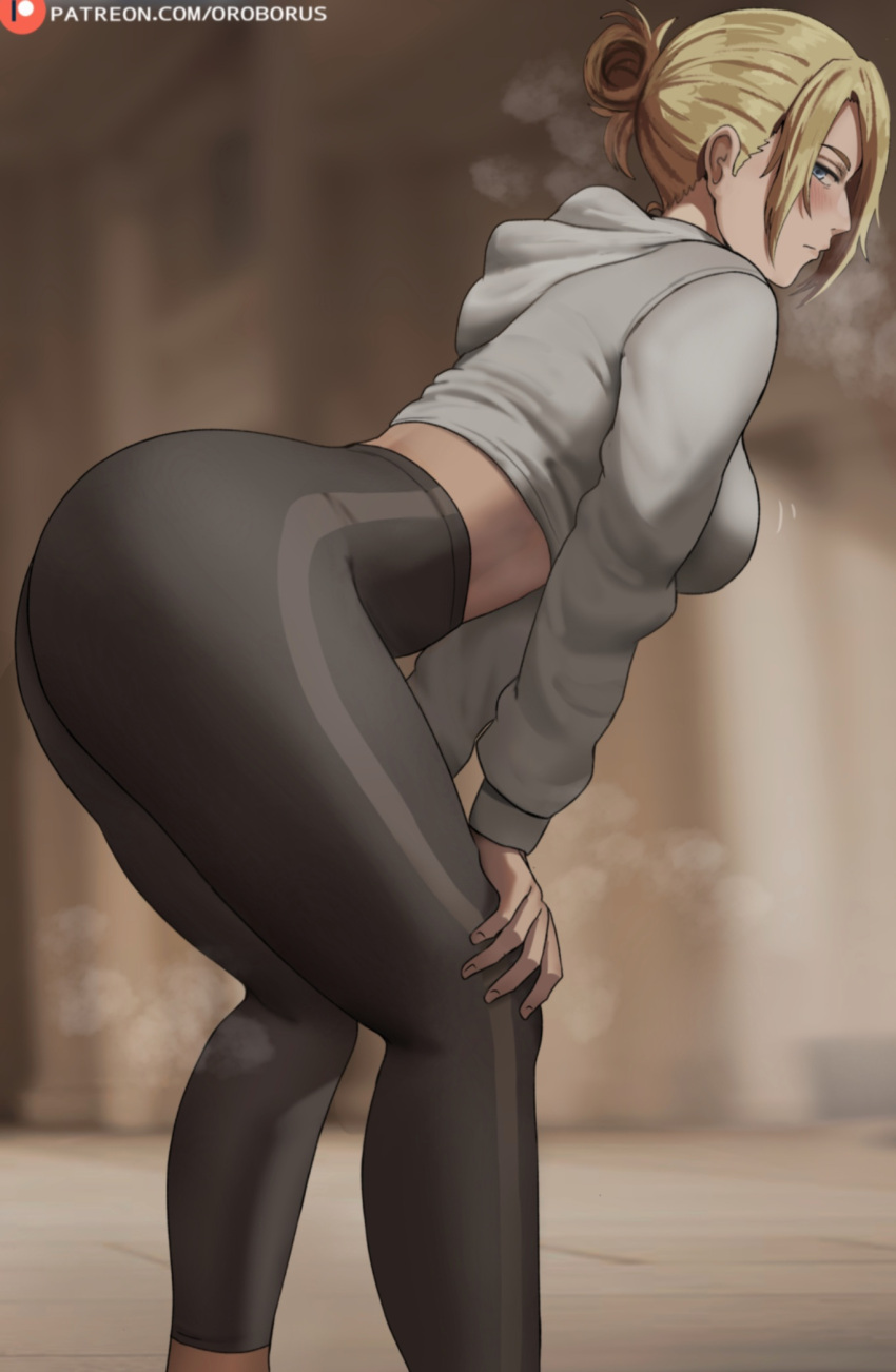 1girl annie_leonhardt ass black_pants blonde_hair blue_eyes blurry blurry_background blush breasts closed_mouth english_commentary grey_hoodie hair_over_one_eye half_updo hands_on_own_knees highres hood hoodie looking_at_viewer oroborus pants patreon_username shingeki_no_kyojin short_hair sidelocks solo steaming_body