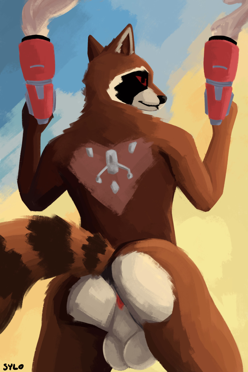 2023 2:3 absurd_res anthro anus balls brown_body brown_fur butt digital_media_(artwork) fur genitals guardians_of_the_galaxy hi_res male mammal marvel nude procyonid raccoon rear_view rocket_raccoon simple_background solo sylo tail