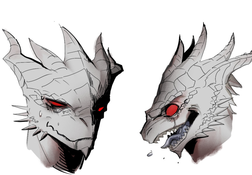 anthro baldur's_gate clenched_teeth dragon dragonborn_(dnd) dungeons_and_dragons hasbro headshot_portrait hi_res horn looking_at_viewer male multicolored_body open_mouth portrait red_eyes reptile scales scalie simple_background solo spikes spikes_(anatomy) teeth the_dark_urge_(baldur's_gate) tongue two_tone_body white_body white_scales wizards_of_the_coast