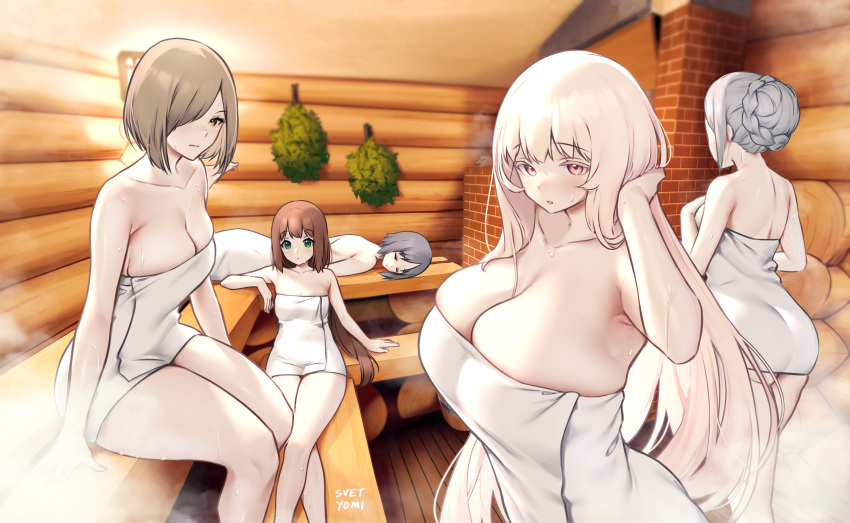 5girls absurdres armpits artist_name blanche_neige_(svet_yomi) breasts eyebrows_hidden_by_hair highres indoors large_breasts long_hair looking_at_viewer lying multiple_girls naked_towel open_mouth original pink_eyes sauna sidelocks steam svet_yomi sweat sweatdrop tagme thighs towel towel_around_waist white_towel wooden_bench wooden_wall