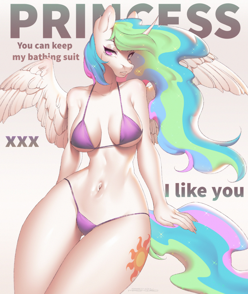 2023 5_fingers absurd_res anthro bikini clothing cutie_mark digital_media_(artwork) english_text equid equine female fingers friendship_is_magic front_view hasbro hi_res horn looking_at_viewer mammal mashiro_sssinohu my_little_pony navel princess_celestia_(mlp) solo swimwear text winged_unicorn wings
