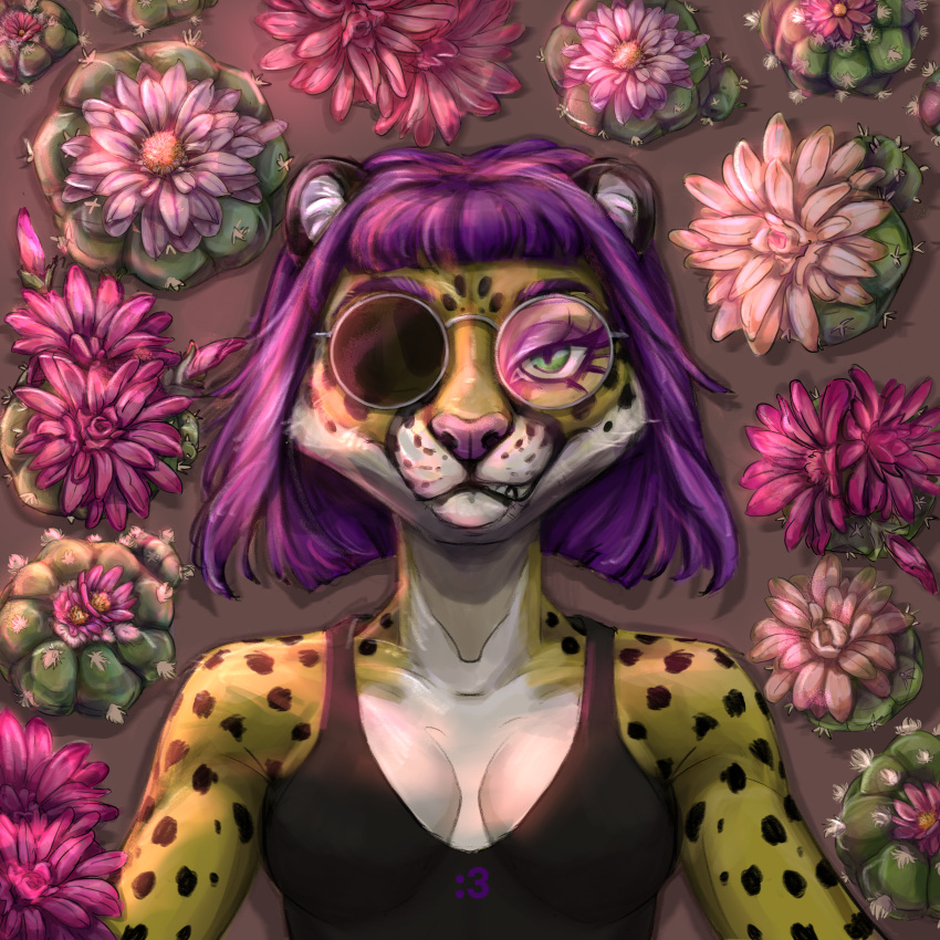 absurd_res anthro bangs bedroom_eyes blind_eye bra bust_portrait cactus cheetah clothing eye_patch eyewear felid feline female flower fossa_jpeg glasses green_eyes hair hi_res huge_filesize humanoid mammal narrowed_eyes peyote_(peyote) plant portrait purple_hair seductive smile smirk solo sports_bra spots underwear