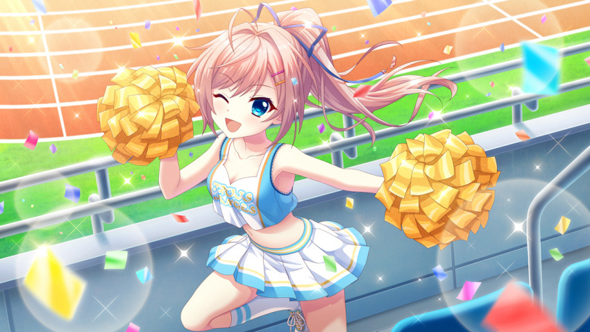 1girl bare_shoulders blue_eyes blue_ribbon blue_tank_top breasts cheerleader cleavage collarbone confetti crop_top day dot_nose film_grain from_above game_cg grass hair_ornament hair_ribbon hairclip hand_up high_ponytail himura_nagisa izumi_tsubasu lens_flare looking_at_viewer medium_breasts midriff miniskirt navel non-web_source official_art one_eye_closed open_mouth outdoors outstretched_arm pink_hair pom_pom_(cheerleading) railing re:stage! ribbon running_track shoes skirt smile sneakers socks solo sparkle standing standing_on_one_leg sunlight tank_top two-tone_tank_top white_footwear white_skirt white_socks white_tank_top