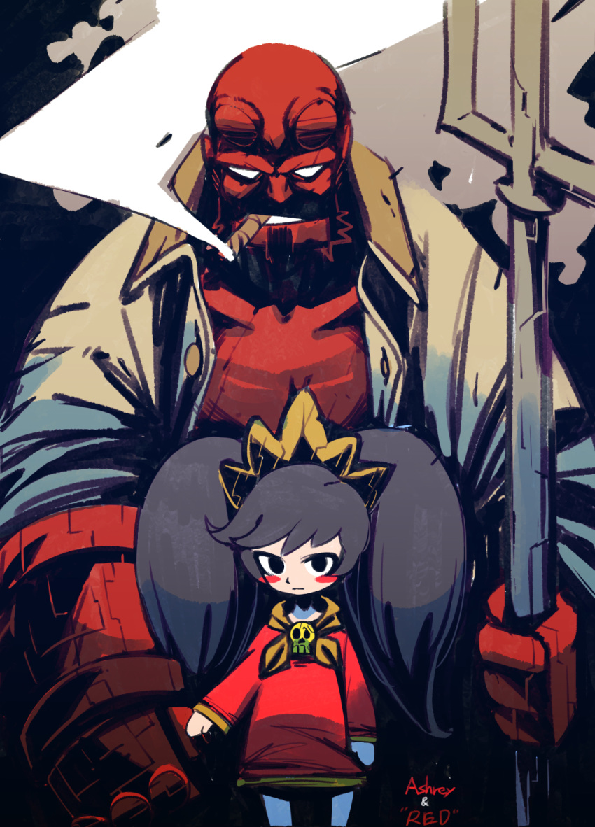 1boy 1girl ashley_(warioware) beard big_hair black_eyes black_hair blush_stickers broken_horn broken_horns brown_coat character_name cigar coat colored_skin crossover demon_horns dress facial_hair hellboy hellboy_(comic) highres holding_trident horns long_sleeves neckerchief no_shirt open_clothes open_coat orange_neckerchief power_connection red_dress red_skin size_difference skull_ornament smoke smoking twintails umadura_ero warioware white_eyes