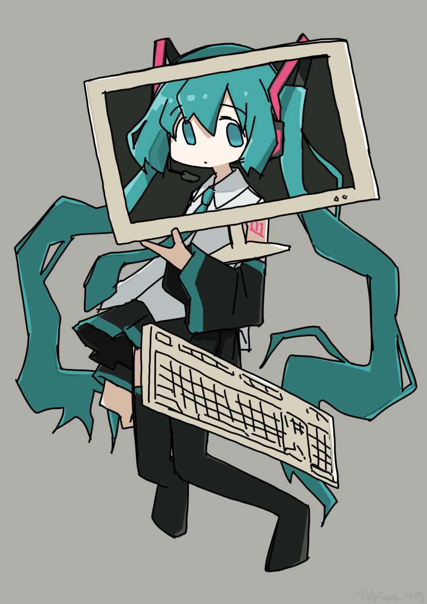 1girl absurdly_long_hair absurdres aqua_eyes aqua_hair aqua_necktie black_skirt black_sleeves black_thighhighs blue_eyes blue_hair detached_sleeves dot_mouth floating floating_hair full_body grey_background hair_ornament hatsune_miku headphones headset highres holding keyboard_(computer) long_hair looking_at_viewer monitor necktie no_pupils no_shoes number_tattoo pleated_skirt shirt sidelocks simple_background sketch skirt sleeveless sleeveless_shirt solo tattoo thighhighs tokiwa_(914) twintails very_long_hair vocaloid white_shirt wide_sleeves