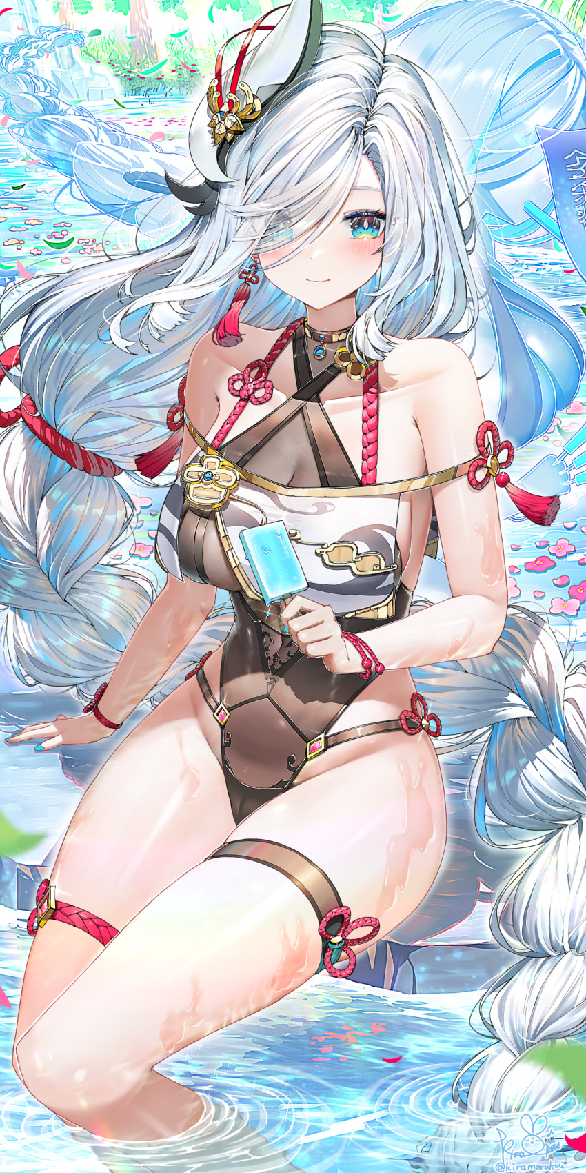 1girl absurdly_long_hair absurdres alternate_costume bare_shoulders blue_eyes blue_nails blush bracelet braid braided_ponytail breast_curtains breasts cleavage closed_mouth collarbone commentary_request earrings feet_out_of_frame food genshin_impact hair_over_one_eye hand_on_ground highres holding holding_food holding_popsicle jewelry kiramarukou long_hair looking_at_viewer one-piece_swimsuit popsicle shenhe_(genshin_impact) sideboob sitting smile solo swimsuit tassel tassel_earrings thigh_strap very_long_hair wading water white_hair