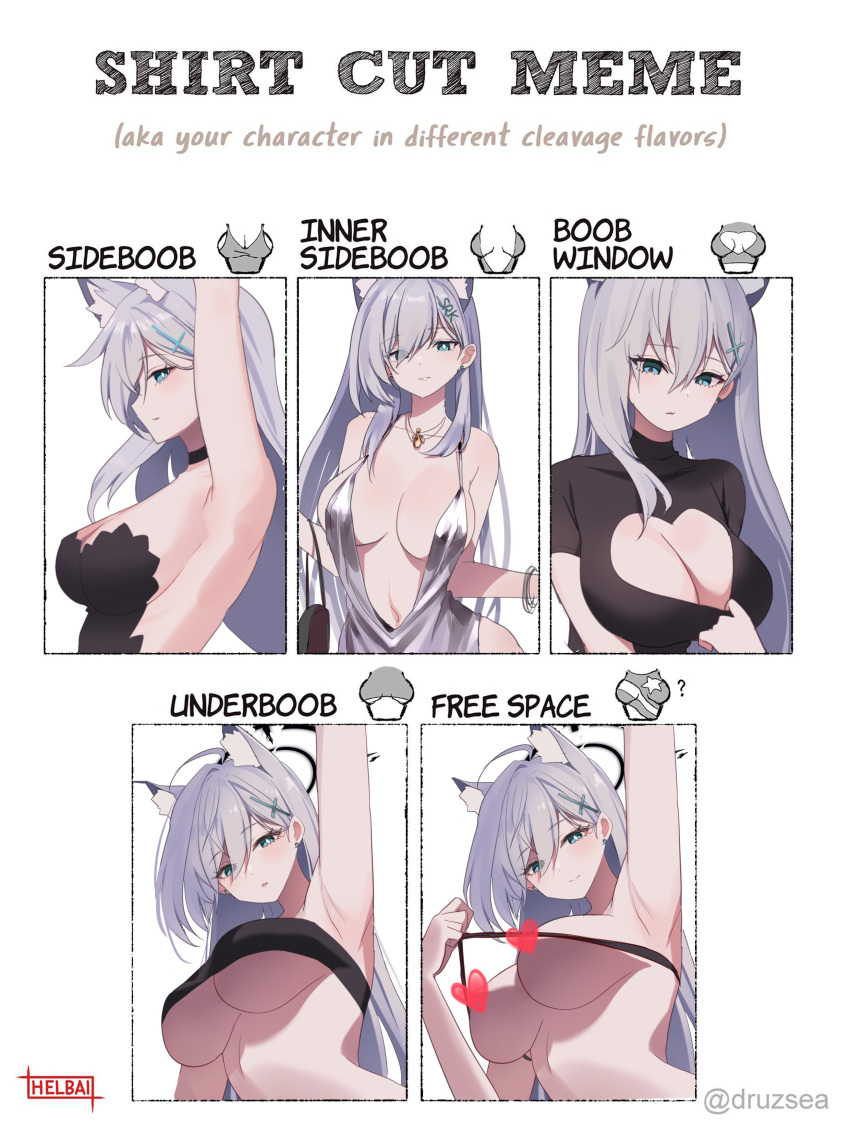 1girl absurdres animal_ear_fluff animal_ears azur_lane bare_shoulders black_choker black_dress black_halo blue_archive blue_eyes breasts broken_halo censored censored_nipples center_opening choker cleavage_cutout clothing_cutout cosplay cross_hair_ornament dark_halo dress earrings english_text evening_gown extra_ears goyain grey_dress grey_hair hair_ornament halo halter_dress halterneck heart heart_censor heart_cutout highres jewelry large_pectorals lifted_by_self long_hair looking_at_viewer mismatched_pupils multiple_drawing_challenge navel pectoral_cleavage pectorals plunging_neckline revealing_clothes shiroko_(blue_archive) shiroko_(terror)_(blue_archive) shirt_cut_meme sideboob sidepec silver_dress smile st._louis_(azur_lane) st._louis_(azur_lane)_(cosplay) st._louis_(luxurious_wheels)_(azur_lane) tank_top wolf_ears